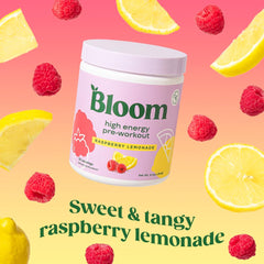 Bloom Nutrition high energy pre-workout raspberry lemonade scoop for vibrant flavor