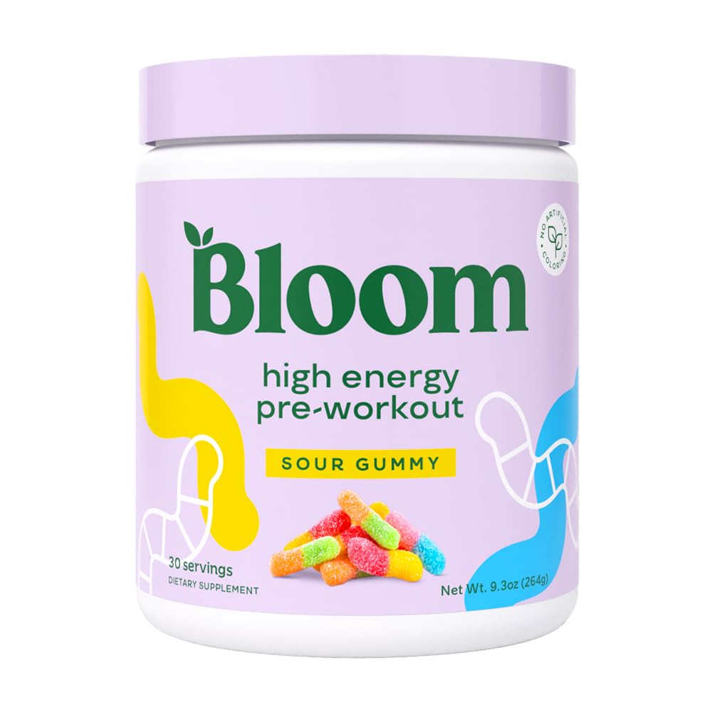 Bloom Nutrition High Energy Pre Workout Sour Gummy powder in tub ready to mix for an energy boost.