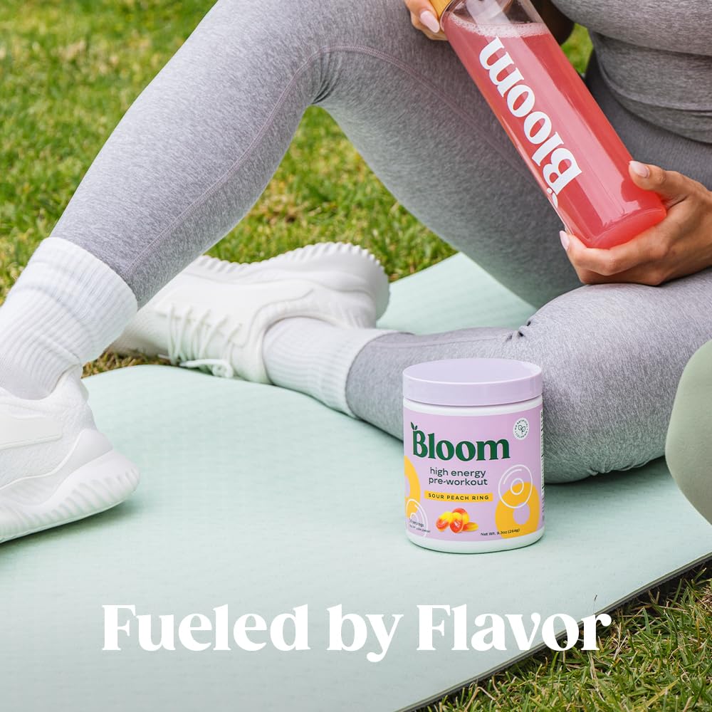 Bloom Nutrition high energy pre-workout stirring with glass fast-dissolving formula