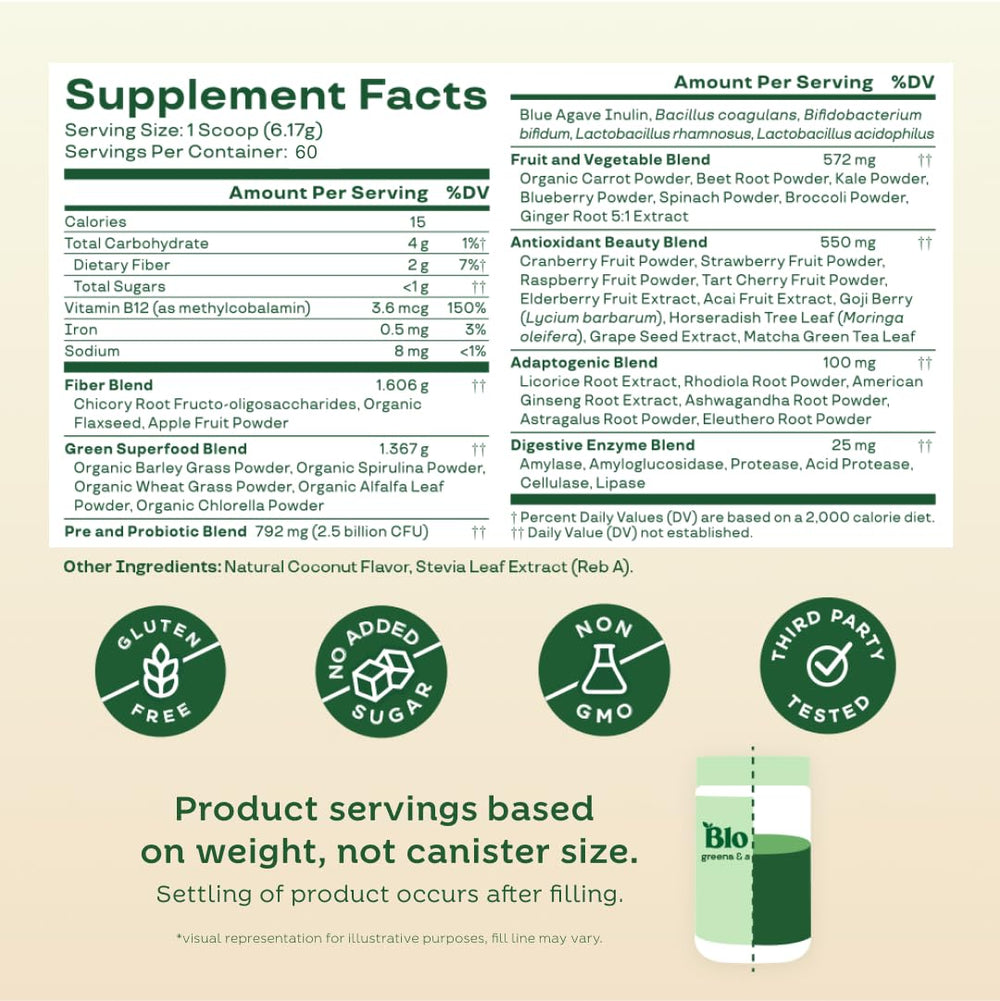 Close-up of Bloom Nutrition ingredients like probiotics and prebiotics.