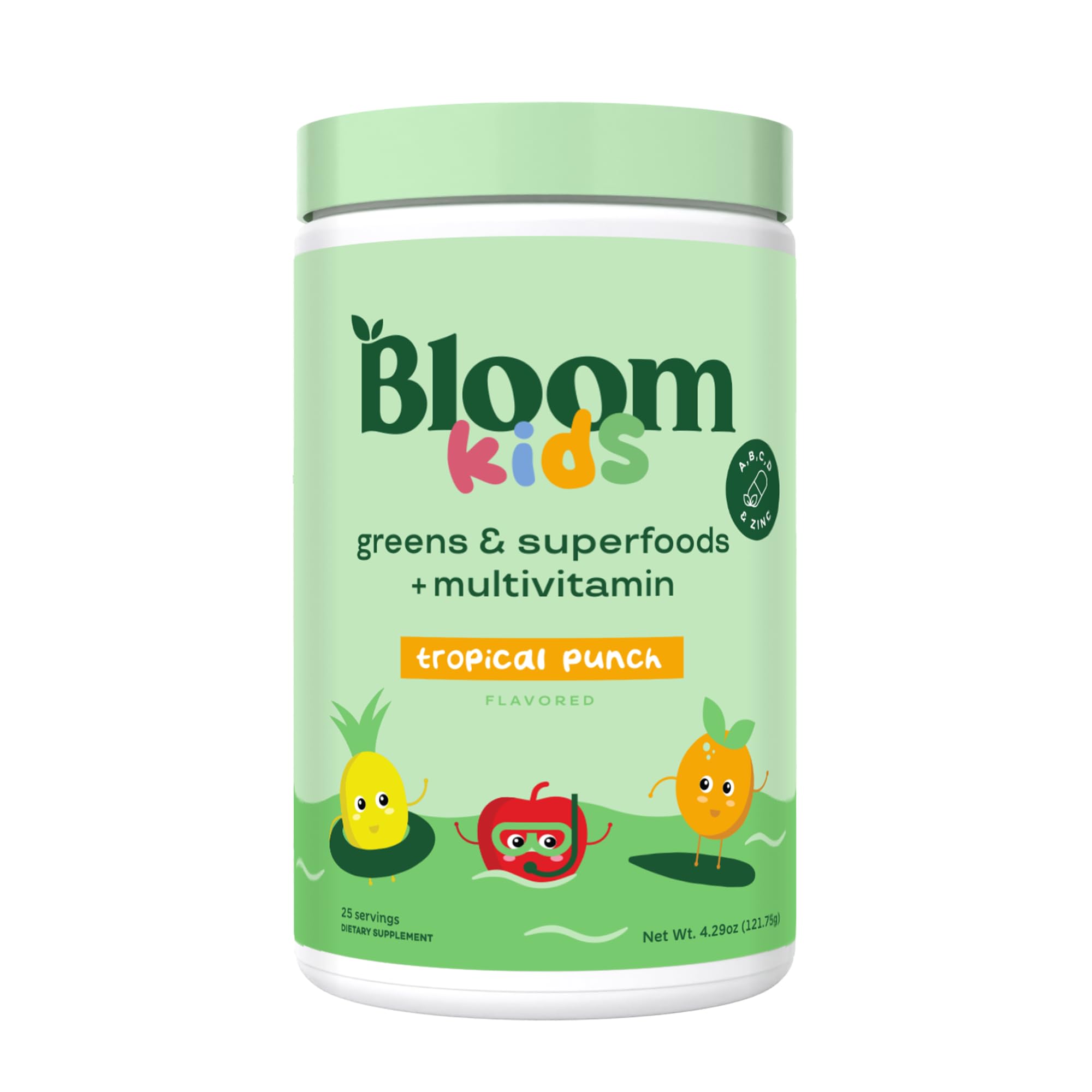 Bloom Nutrition greens powder bottle showcasing tropical punch flavor for kids.