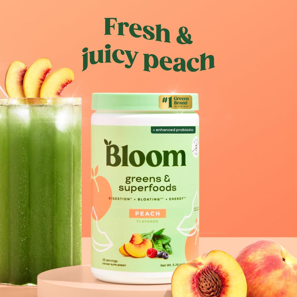 Bloom Nutrition peach flavor scoop for a tasty greens boost