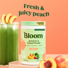 Bloom Nutrition peach flavor scoop for a tasty greens boost