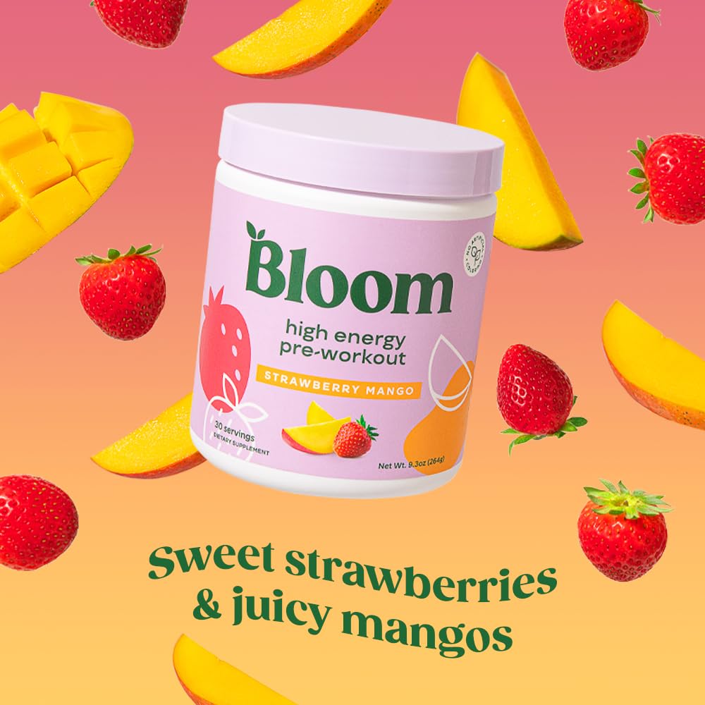 Bloom Nutrition pre-workout powder pour showing smooth texture for quick mixing.