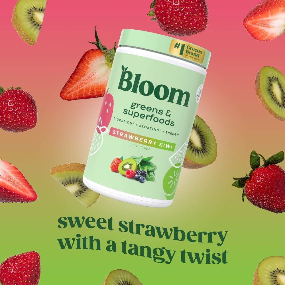 Bloom Nutrition strawberry kiwi flavor label inviting refreshing greens drink