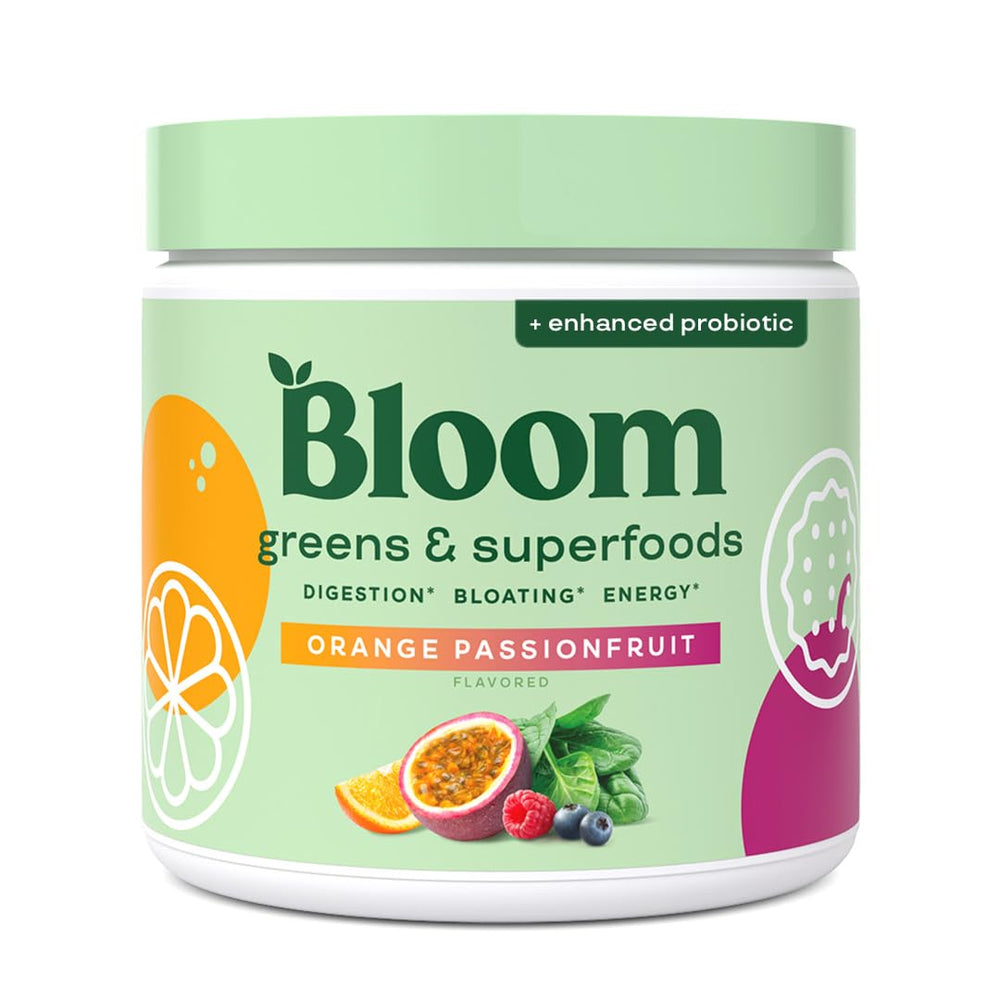 Bloom Nutrition greens powder packaging shows orange passionfruit flavor and daily greens benefits.
