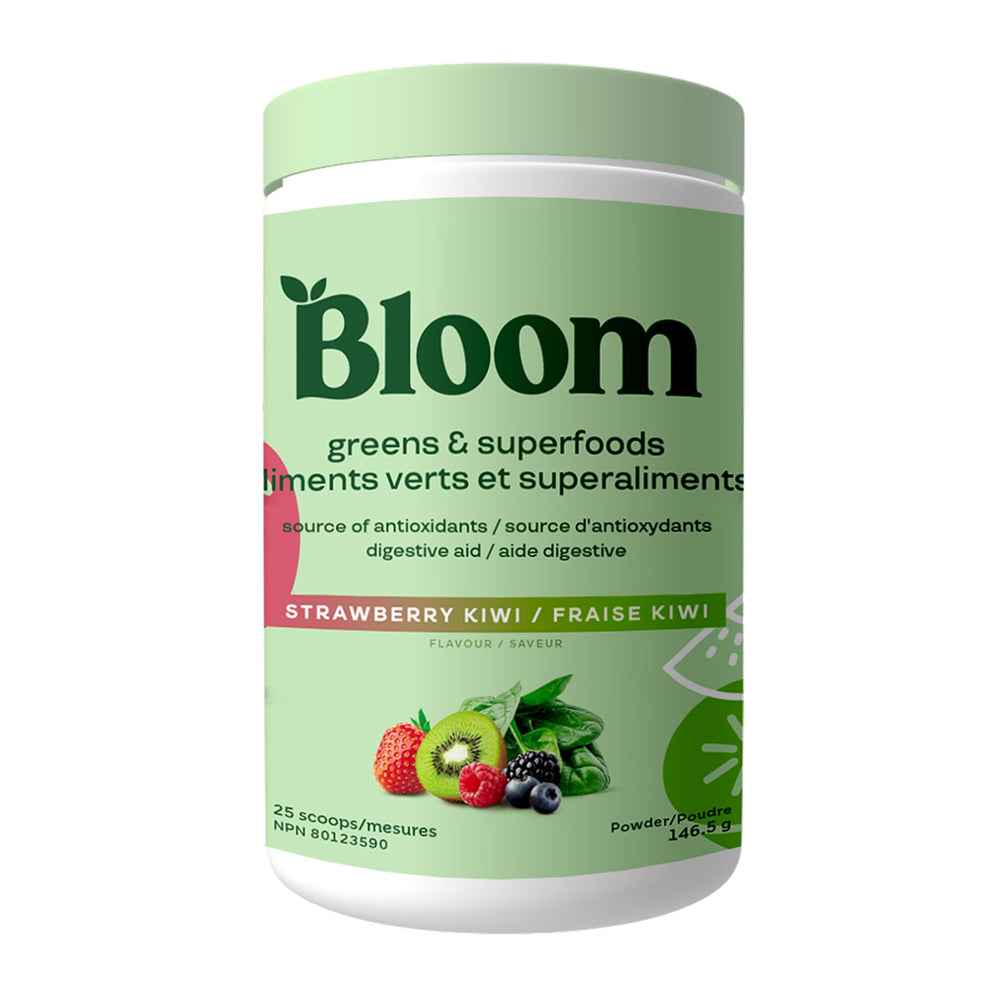 Bloom Nutrition Greens Powder bottle showing convenient daily greens for wellness
