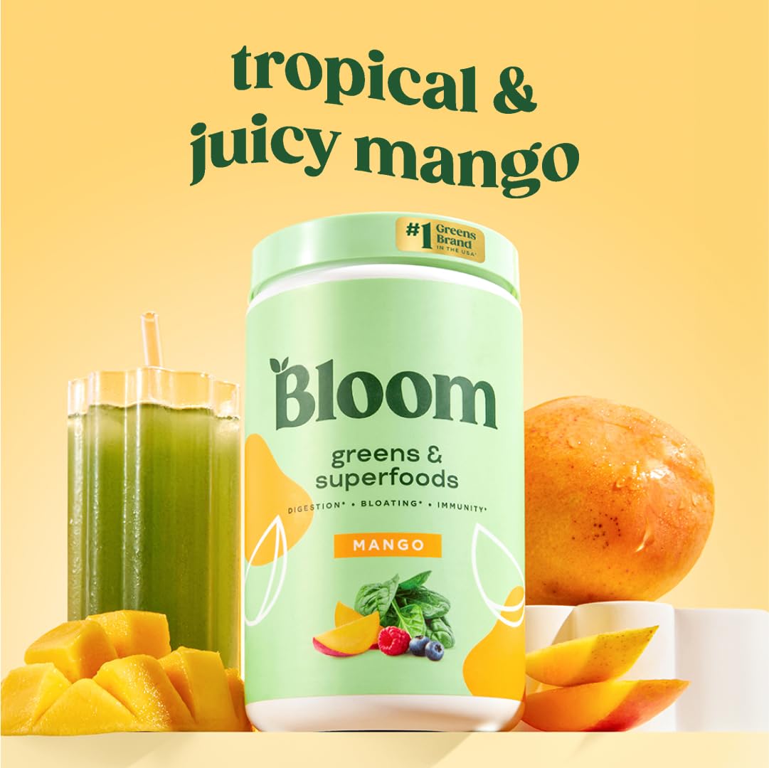 Bloom Nutrition greens powder tub back showing nutrition facts and ingredients