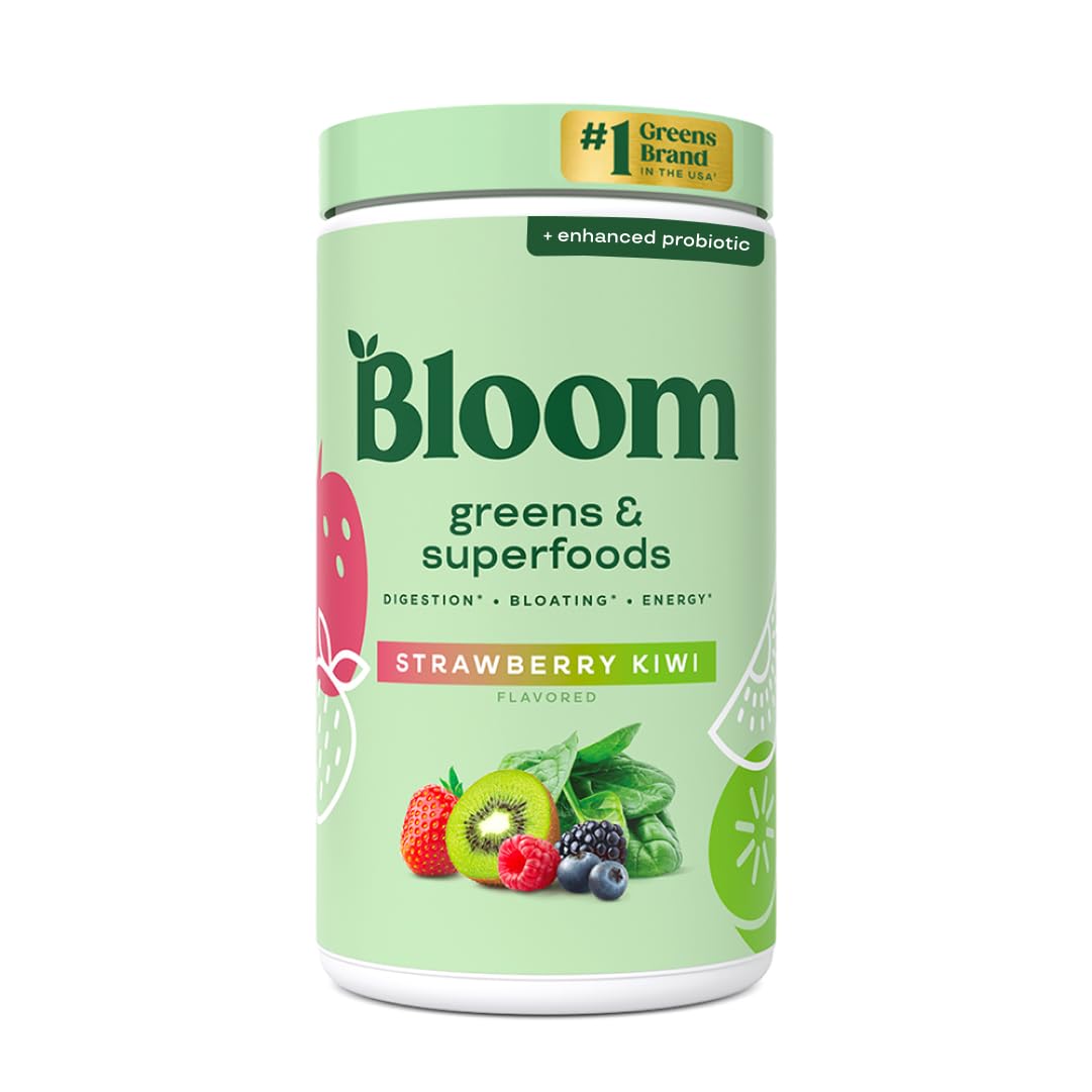 Bloom Nutrition greens powder in a tub ready to mix for daily gut support