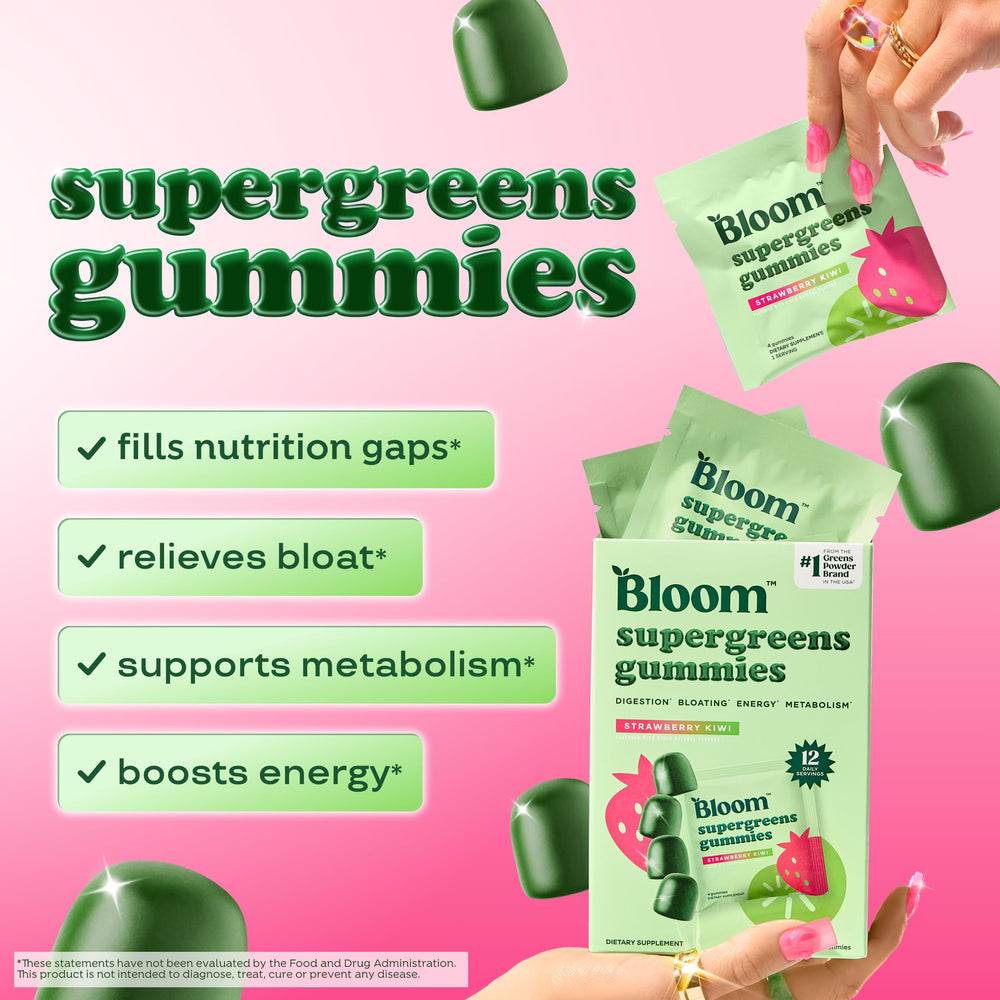 Bloom Nutrition Super Greens Gummies bottle, easy daily greens with fiber for digestion.