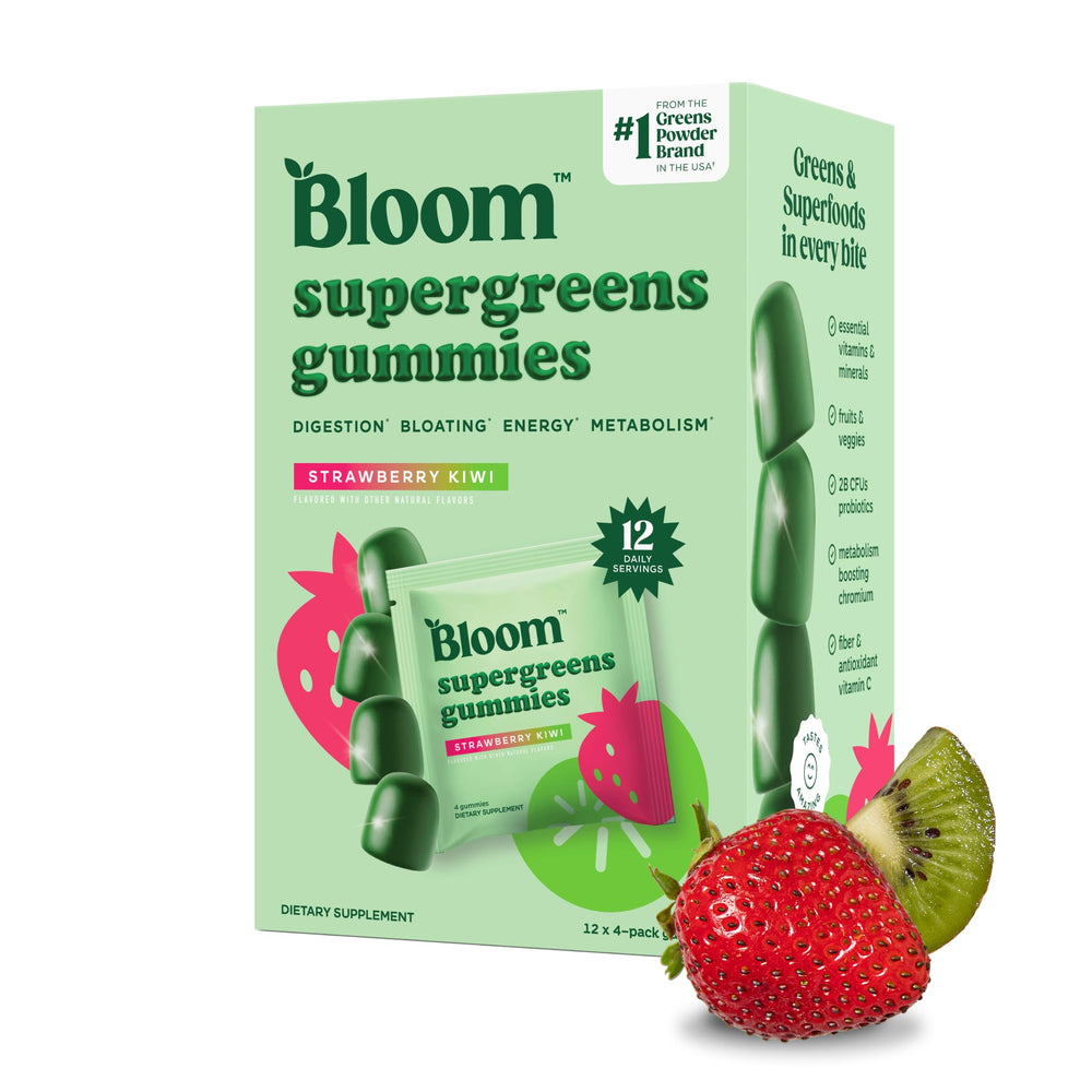 Bloom Nutrition Super Greens Gummies box front, strawberry kiwi flavor, convenient daily chew.