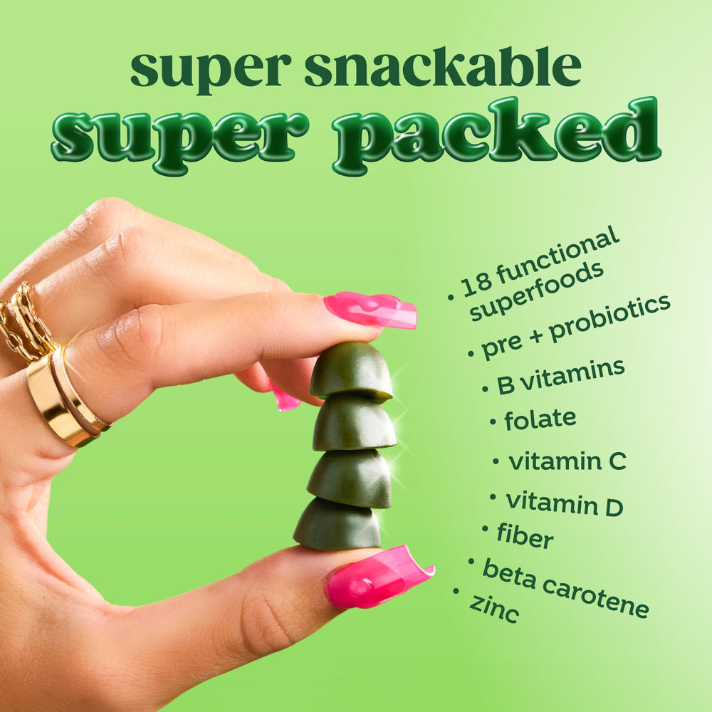 Close-up of Bloom Super Greens Gummies nutrition label, featuring probiotics and vitamins.