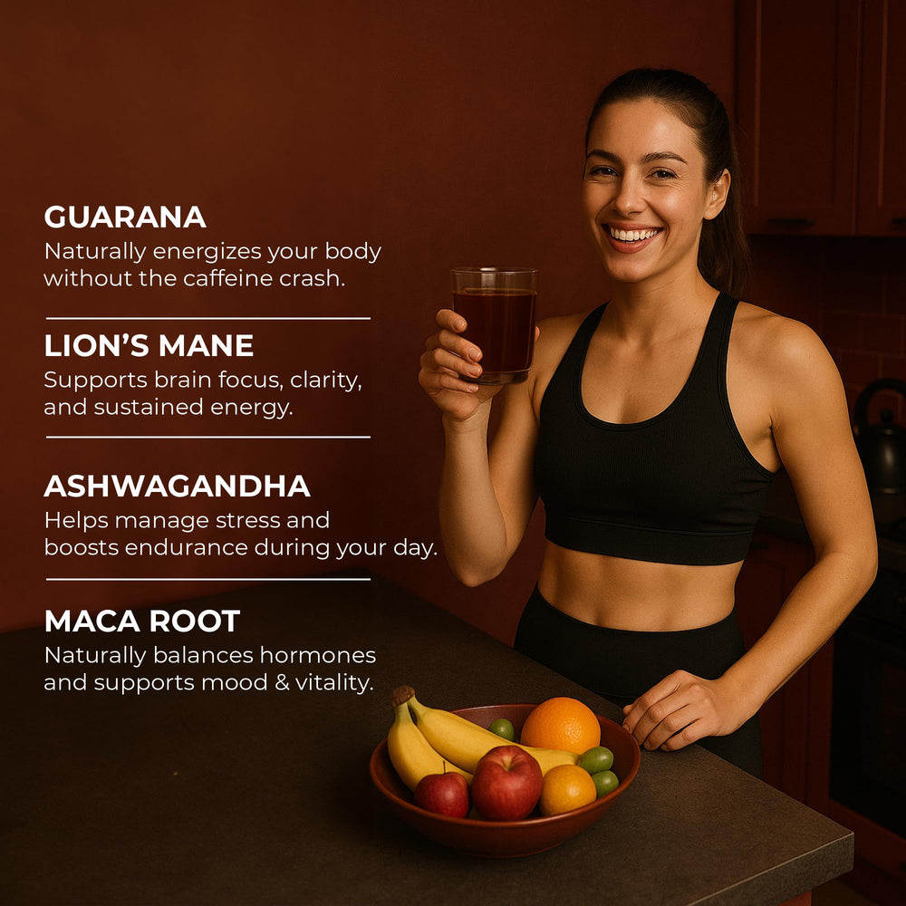 BloomBoost Guarana Powder packaging with vibrant mango peach flavor visuals.