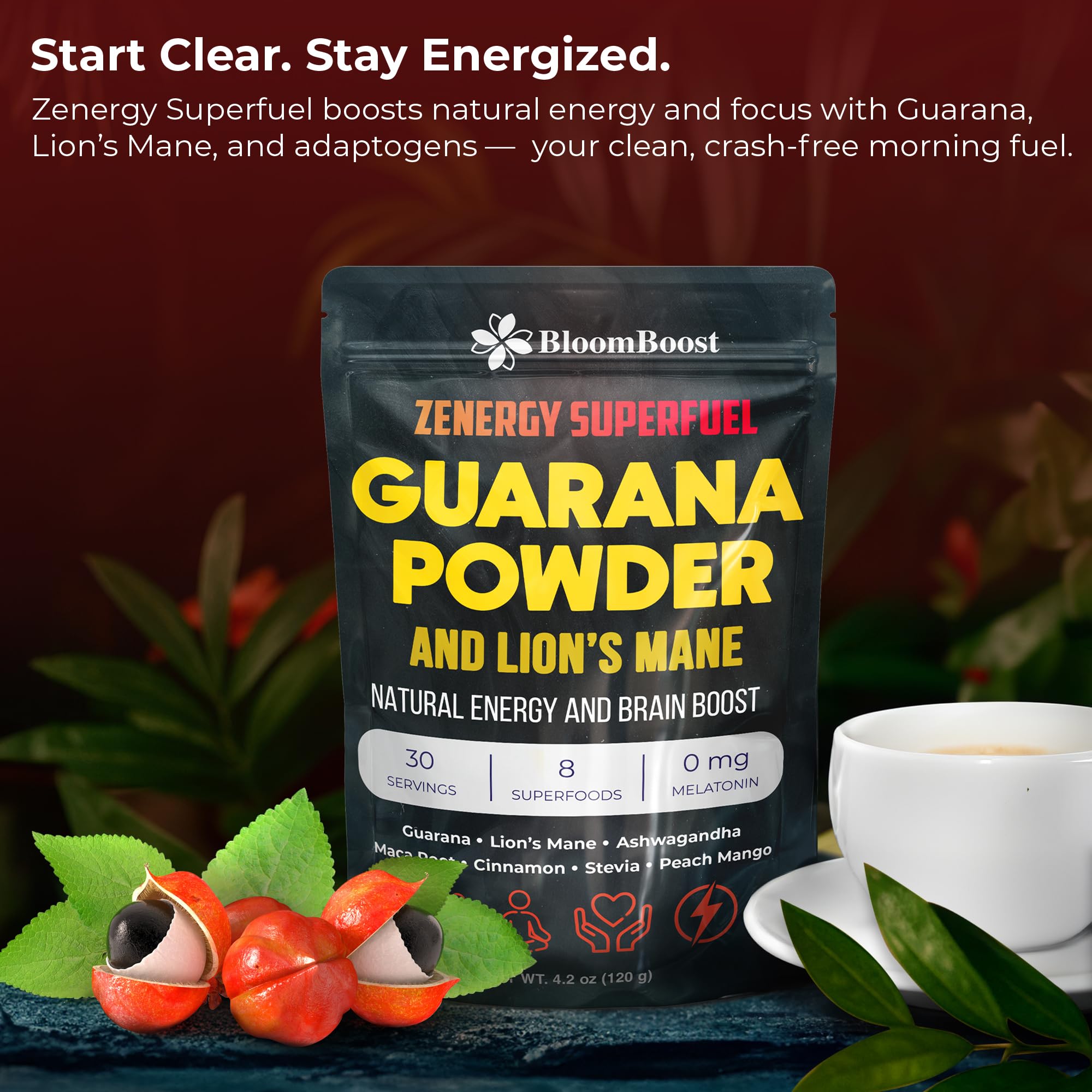 BloomBoost Guarana Powder label close-up with vegan and non-GMO claims.