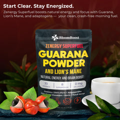 BloomBoost Guarana Powder label close-up with vegan and non-GMO claims.