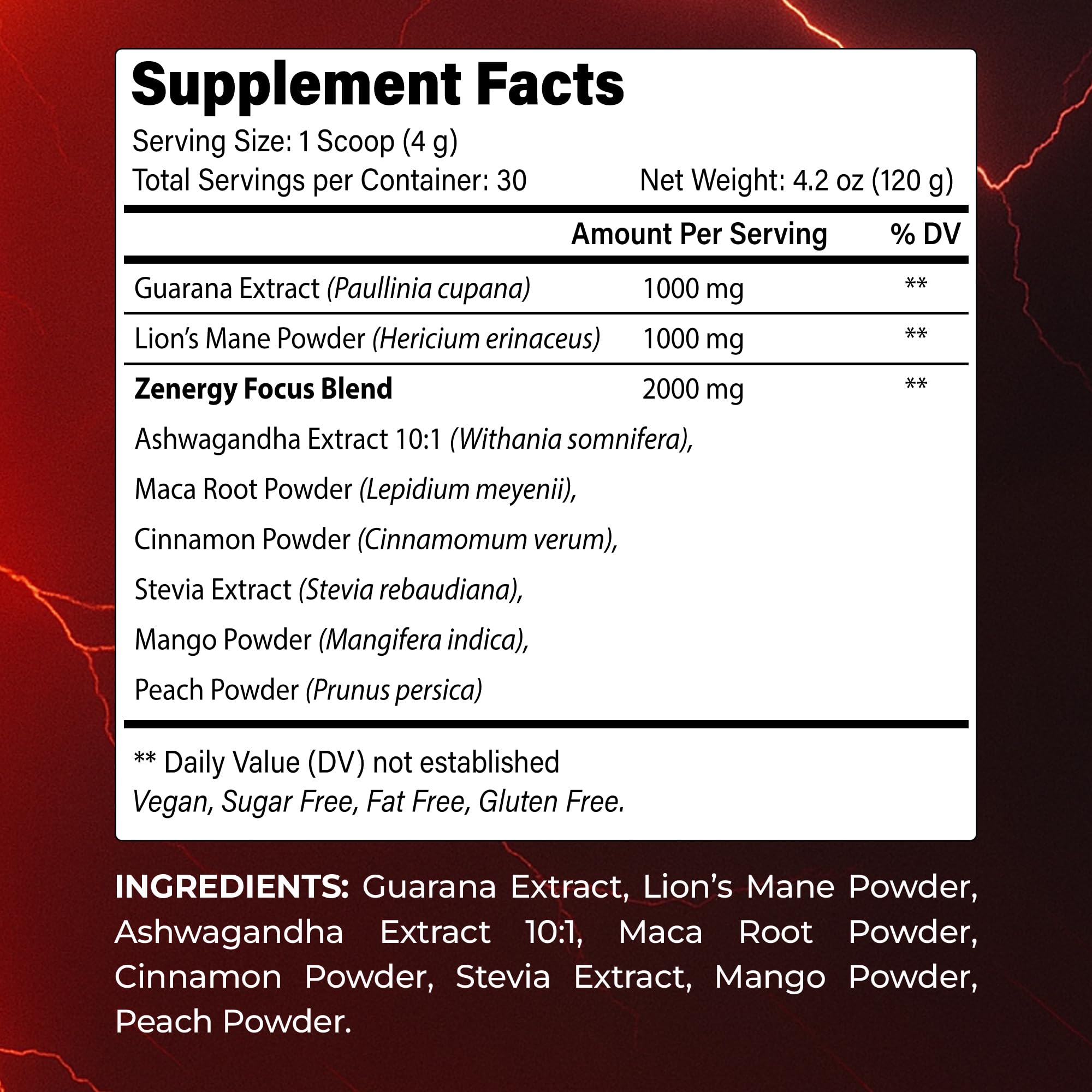 BloomBoost Guarana Powder scoop beside a glass of tropical peach mango drink.