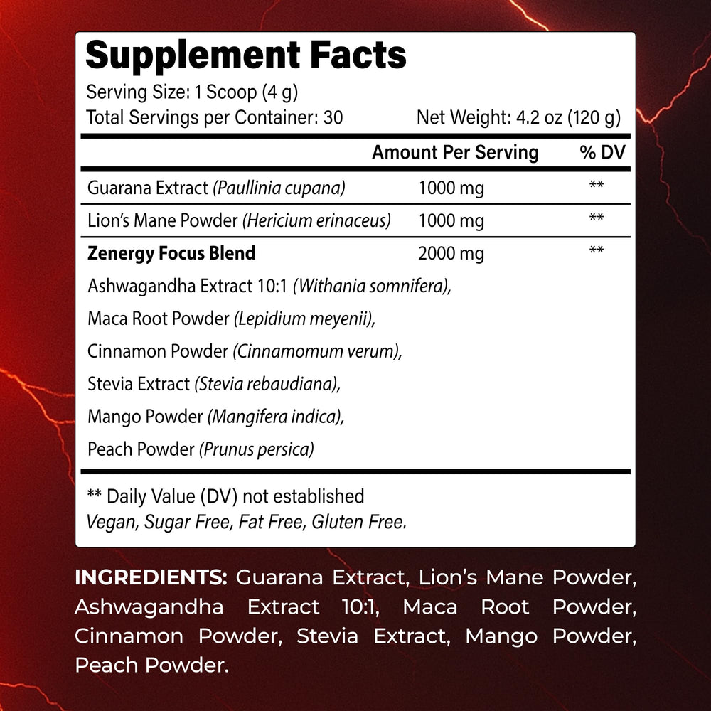 BloomBoost Guarana Powder scoop beside a glass of tropical peach mango drink.