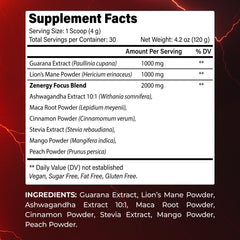 BloomBoost Guarana Powder scoop beside a glass of tropical peach mango drink.
