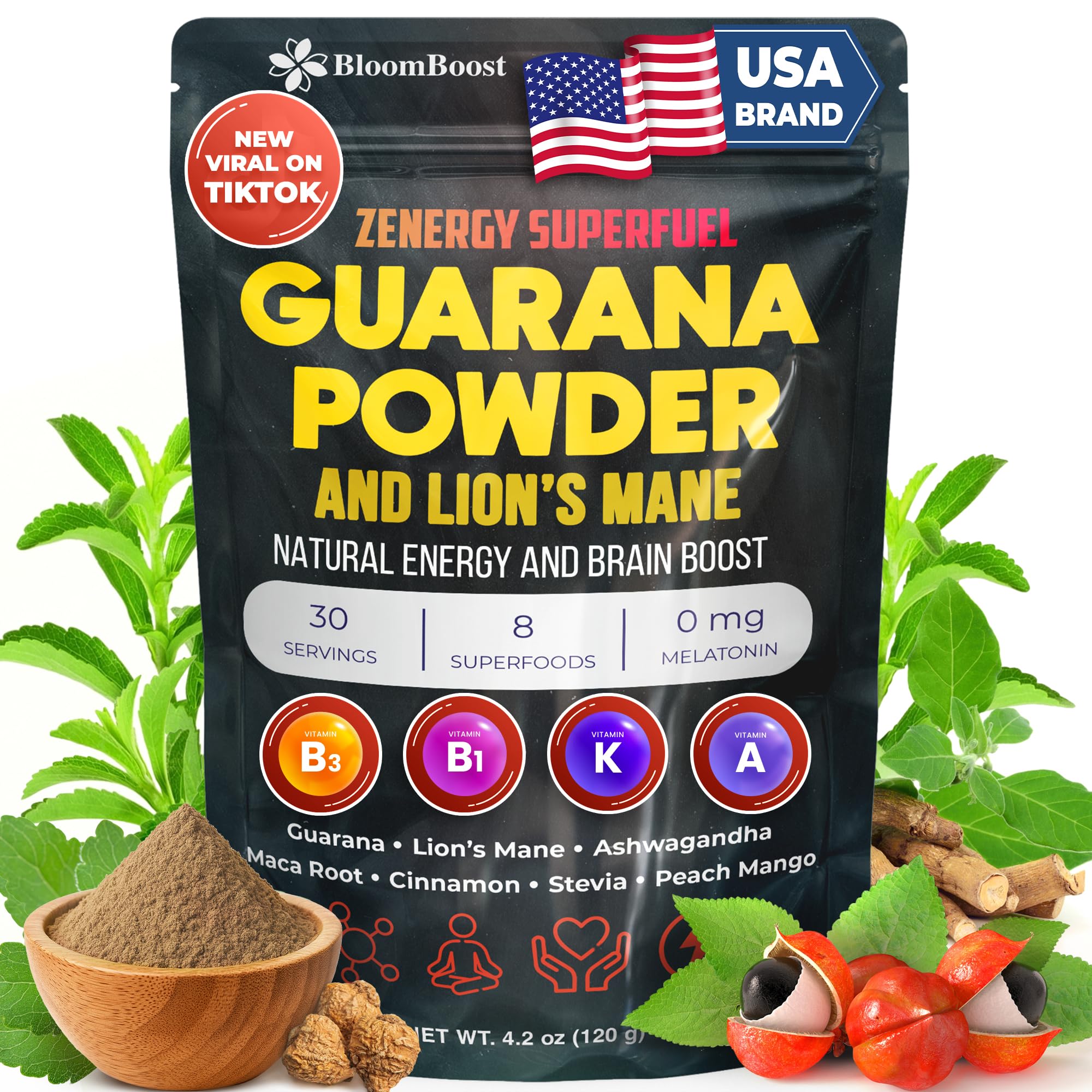 BloomBoost Guarana Powder stirred into a beverage for daily routine.