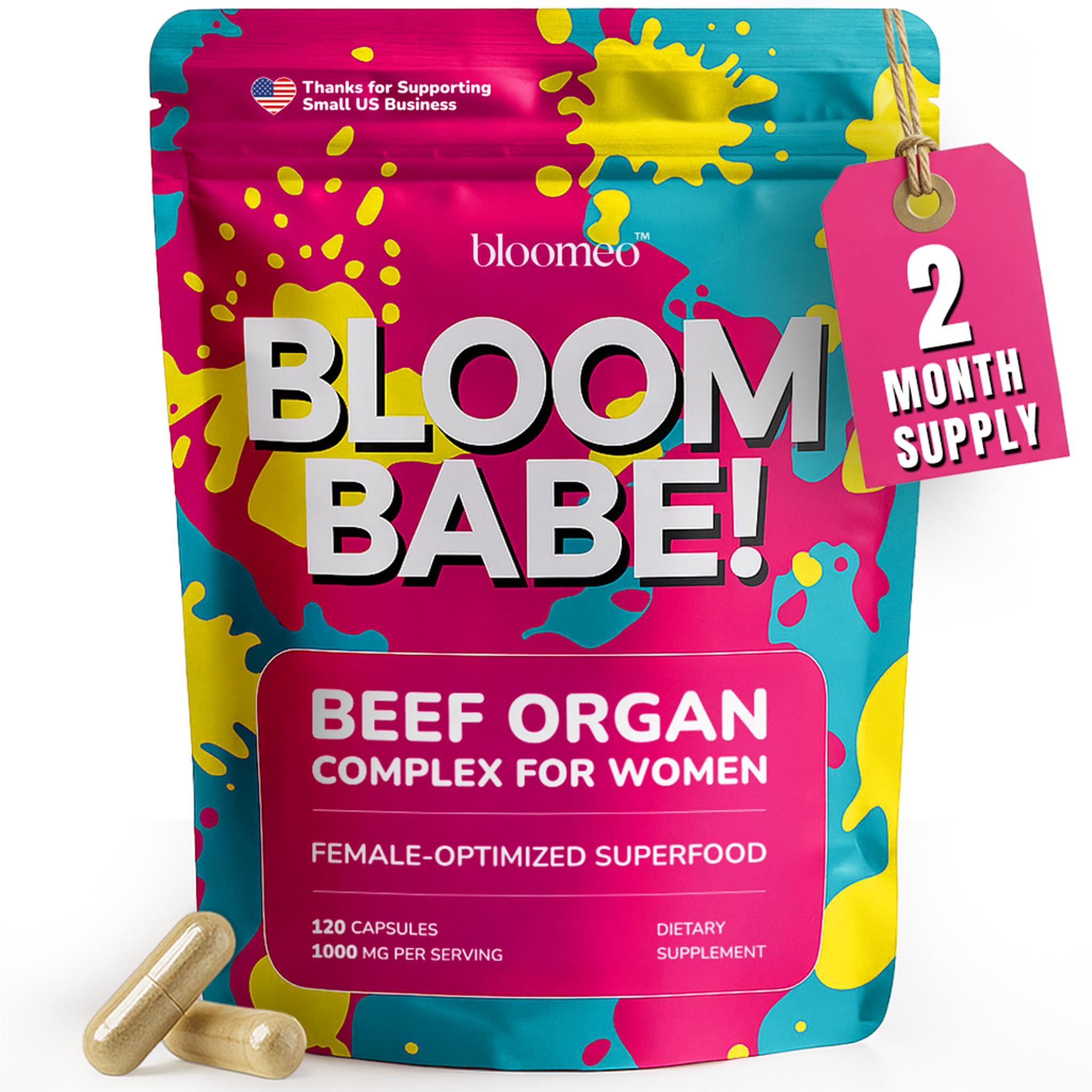 Bloomeo beef organ liver capsules showing essential nutrients for energy support