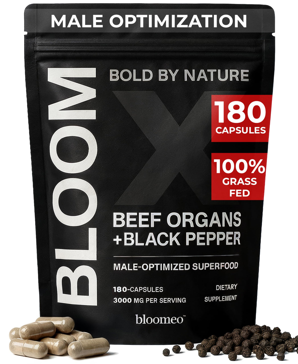 Bloomeo beef organ supplement bottle for daily vitality and energy support.
