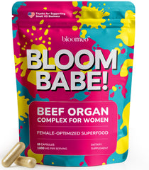 Bloomeo Beef Organ supplement bottle for women supports energy and cycle balance.