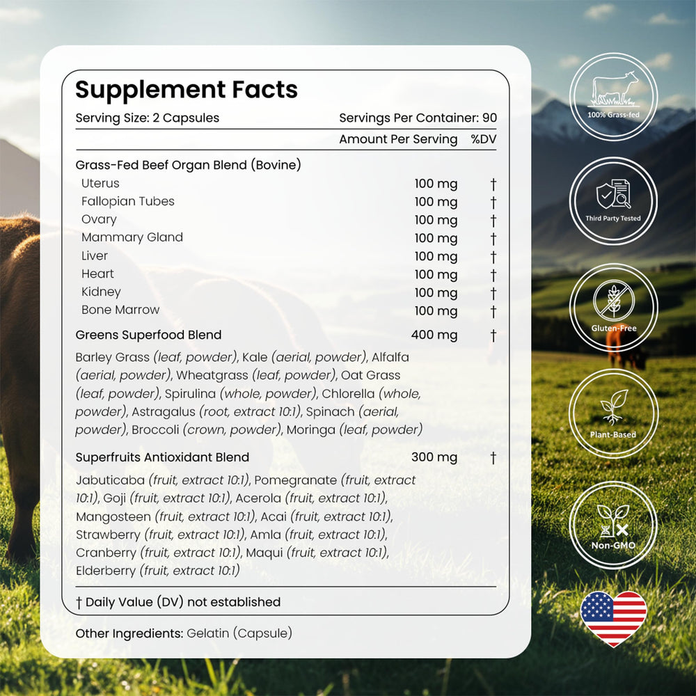 Three-month supply of Bloomeo grass-fed organ capsules.