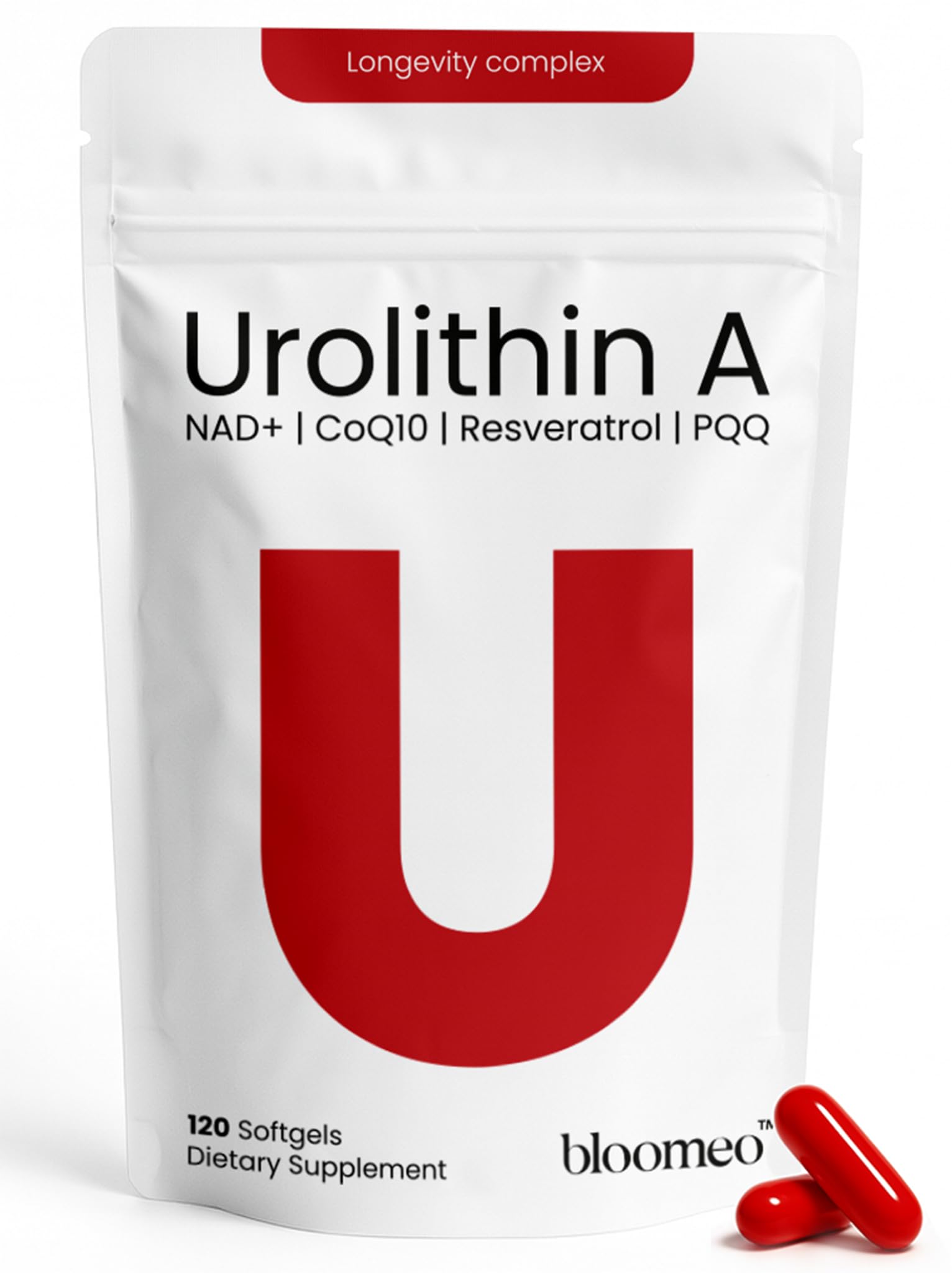 Bloomeo Urolithin A supplement bottle front, highlighting mitochondrial energy support and longevity potential.