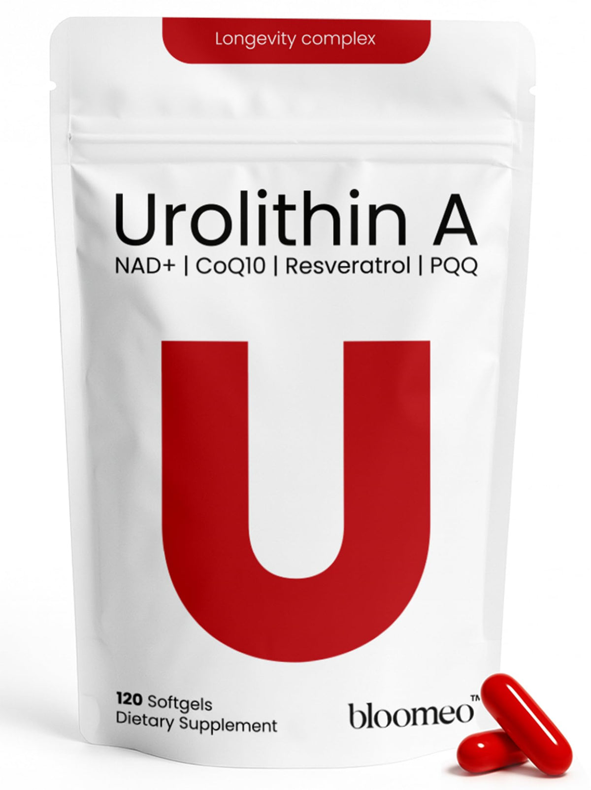 Bloomeo Urolithin A supplement bottle front, highlighting mitochondrial energy support and longevity potential.