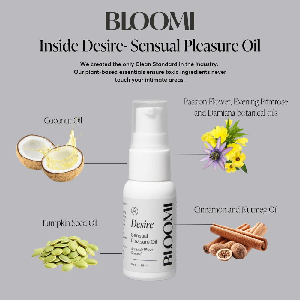 Bloomi Desire Body Oil pour showing easy, mess-free dispensing.