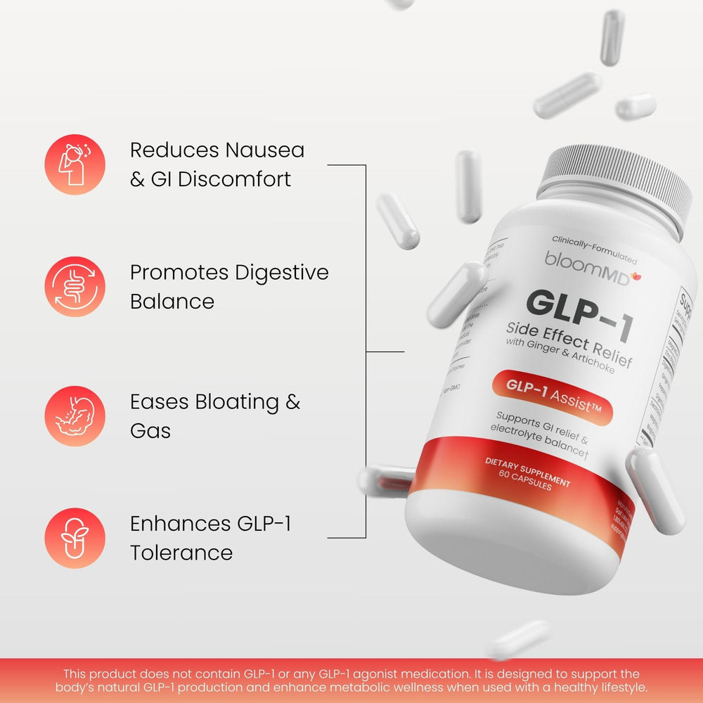 Close-up of BloomMD GLP-1 Relief bottle label highlighting ingredients and quality