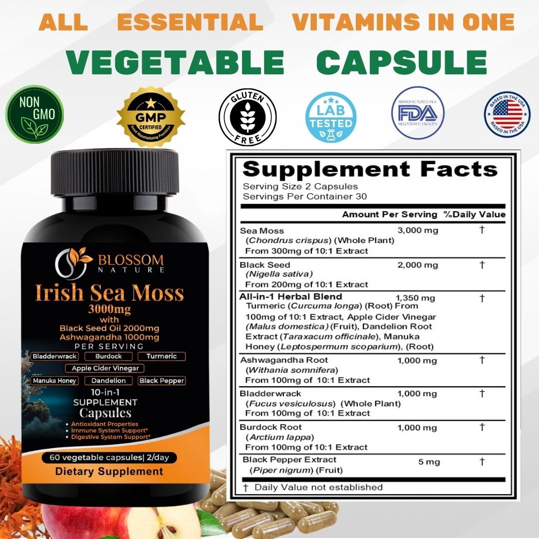 Closeup of Blossom Nature capsules showing high-potency 3000mg sea moss and 2000mg black seed oil