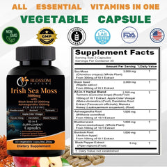 Closeup of Blossom Nature capsules showing high-potency 3000mg sea moss and 2000mg black seed oil