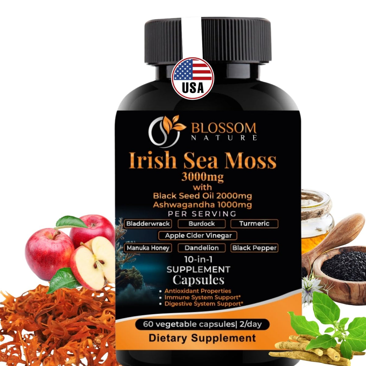 Blossom Nature 10-in-1 Irish Sea Moss bottle supports daily vitality with a full-spectrum blend