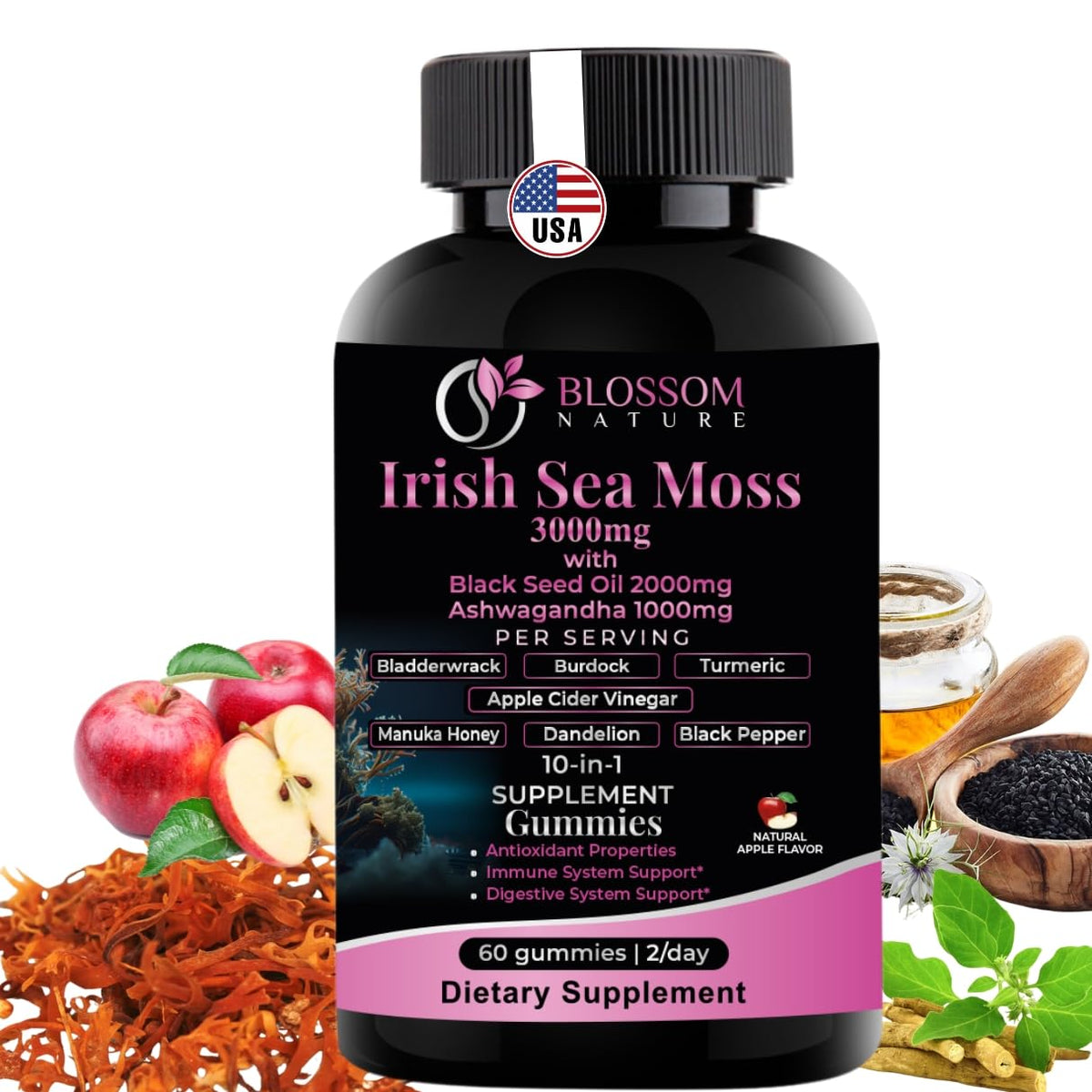 Blossom Nature Irish Sea Moss Gummies bottle highlighting 3000mg formula for daily vitality
