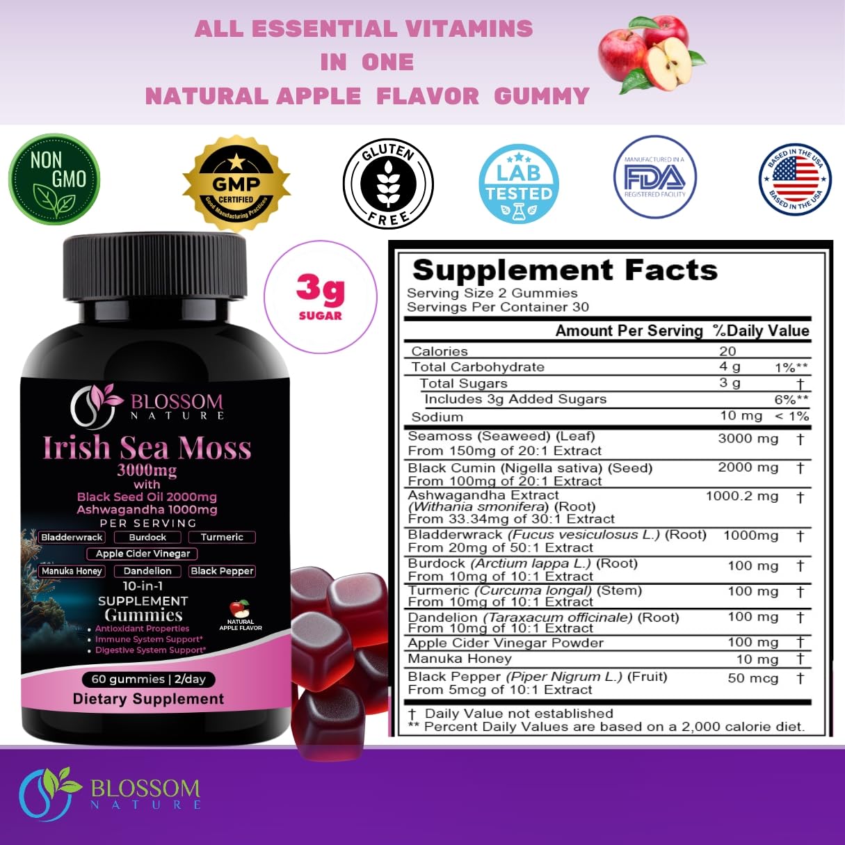 Blossom Nature ingredients label emphasizes natural, additive-free wellness