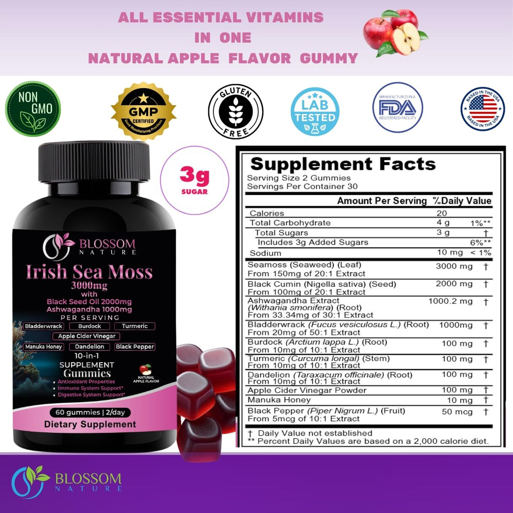 Blossom Nature ingredients label emphasizes natural, additive-free wellness