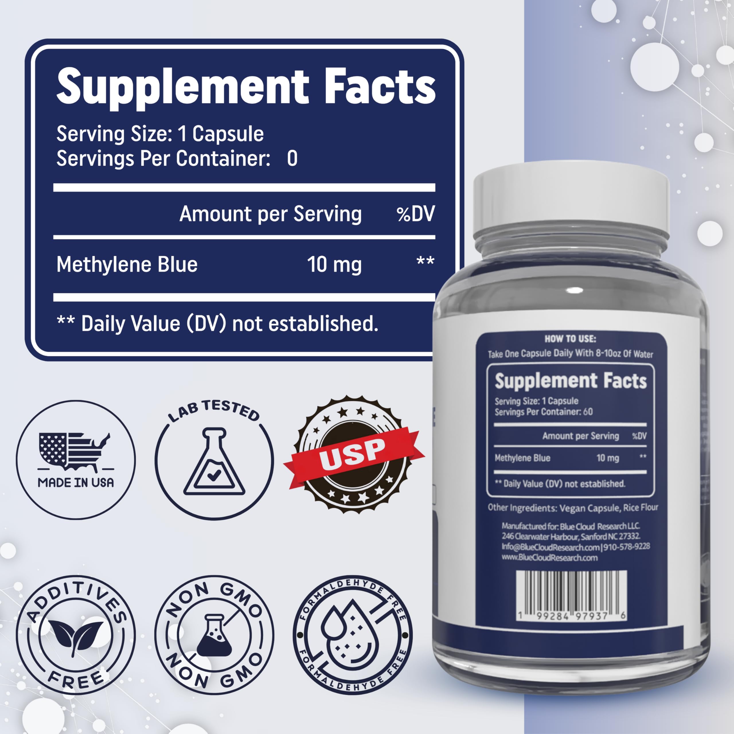 BLUE CLOUD Methylene Blue capsules serving-size graphic supports consistent dosing.