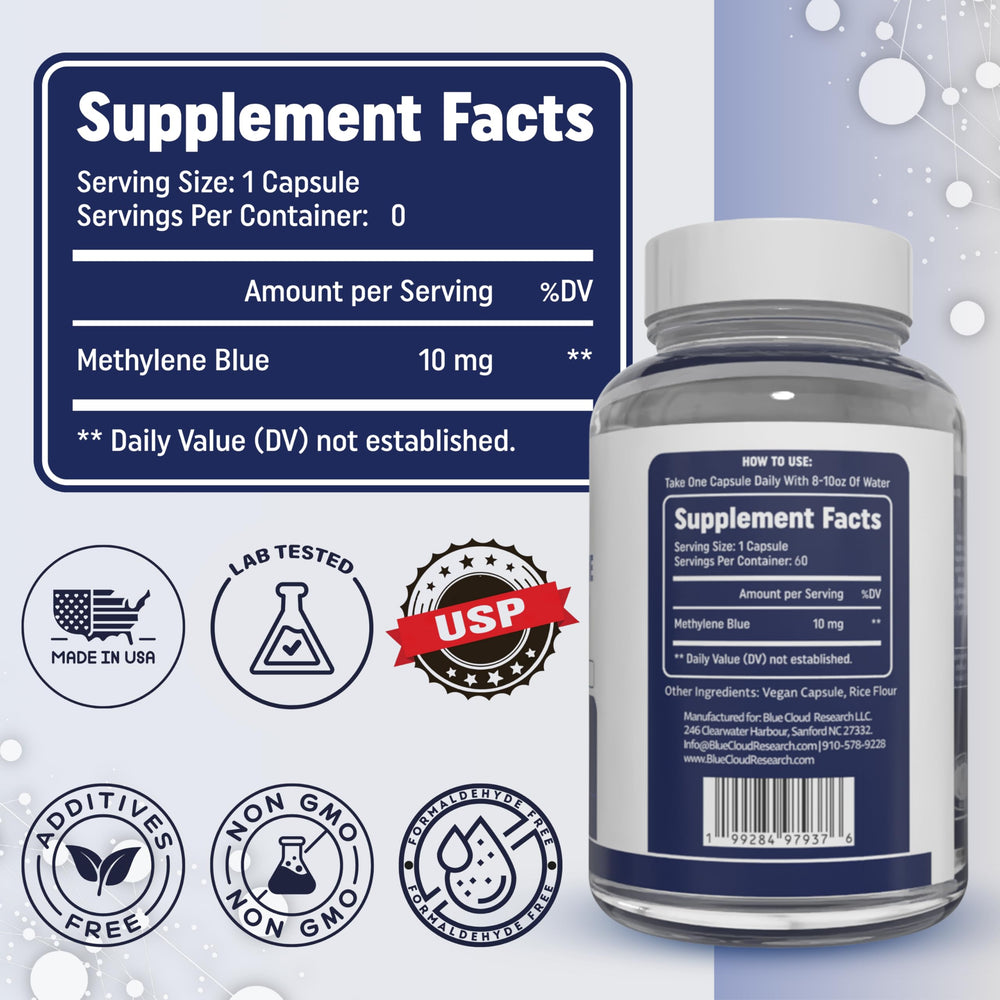 BLUE CLOUD Methylene Blue capsules serving-size graphic supports consistent dosing.