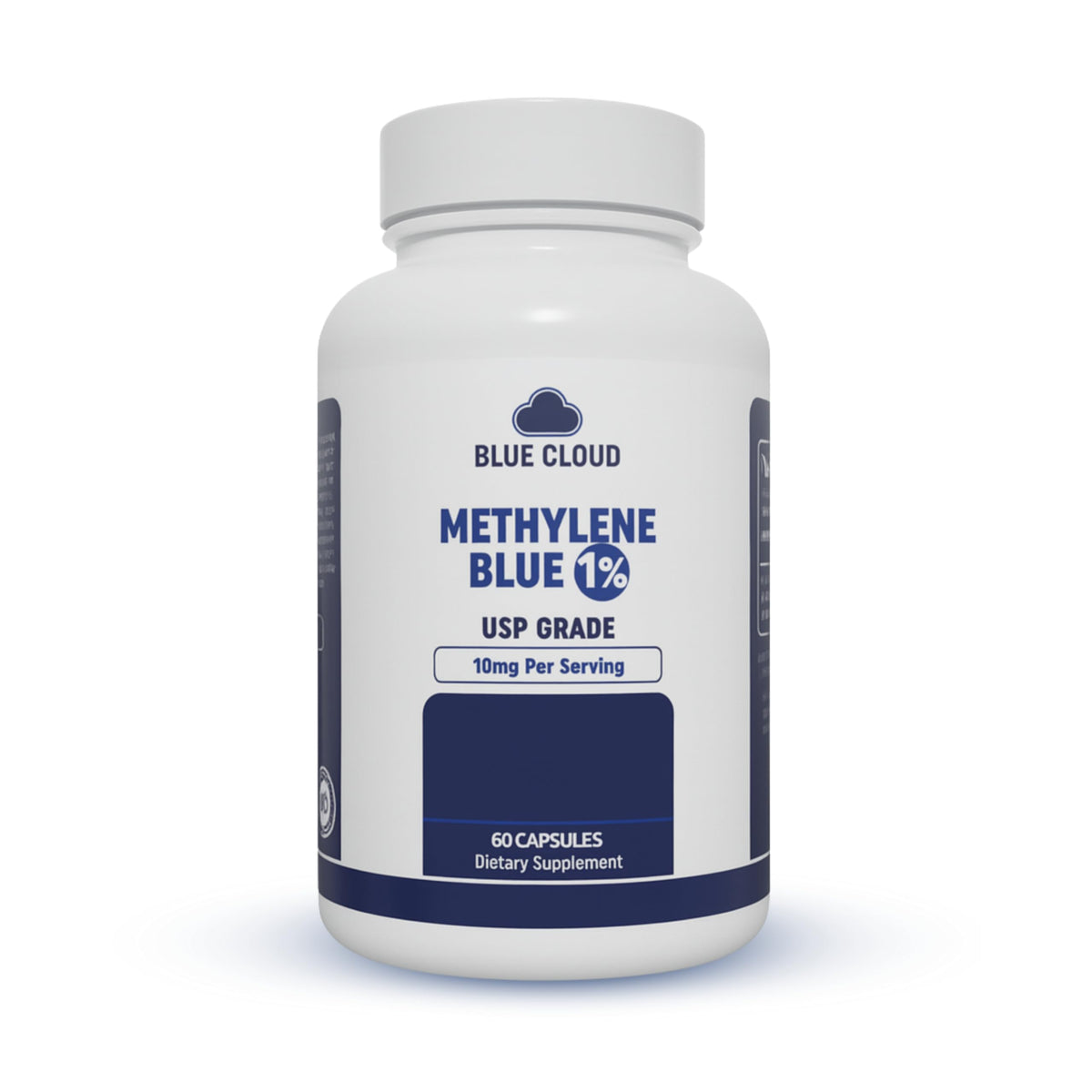 BLUE CLOUD Methylene Blue capsules bottle demonstrates pure, pharmaceutical-grade formula for cognitive support.