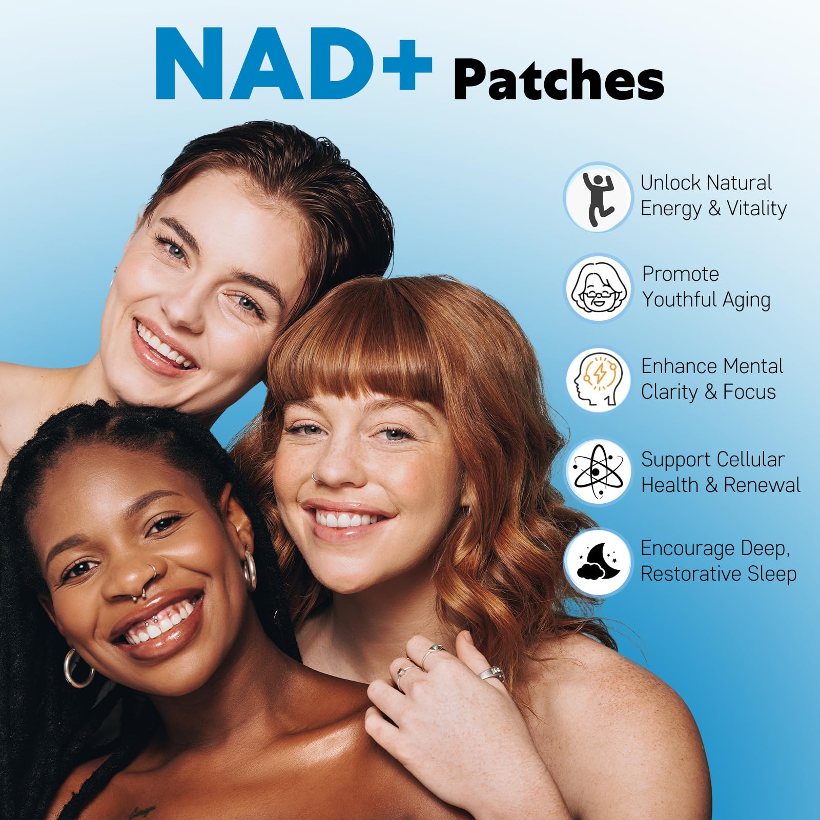 Blue Fresh NAD+D resveratrol complex ingredients diagram for skin vitality.