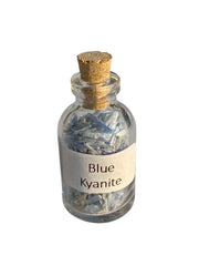 Blue Kyanite mini gem bottle closeup showing rich blue crystal detail for focus