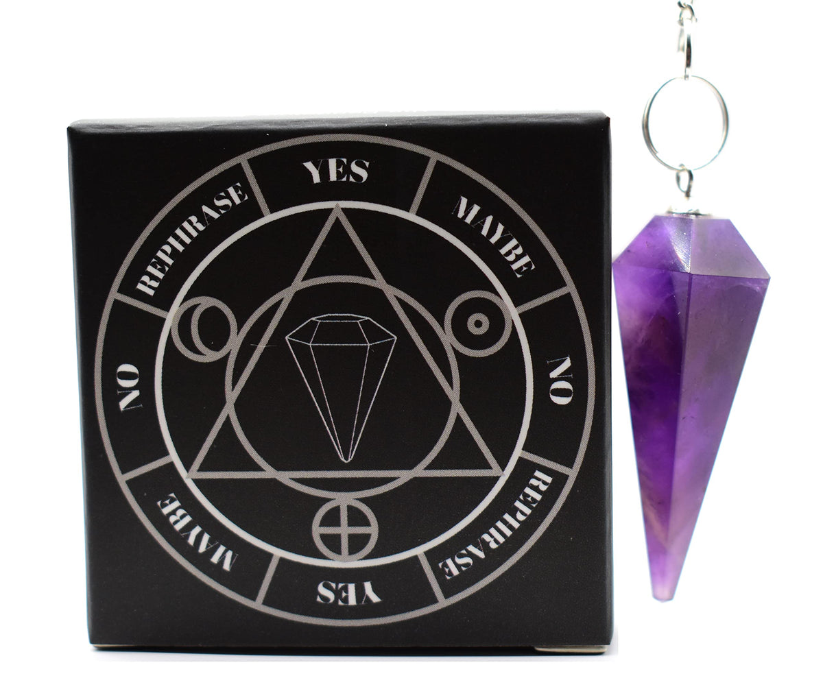 Blue Moon Pup genuine amethyst pendulum close-up for precise dowsing and chakra alignment.