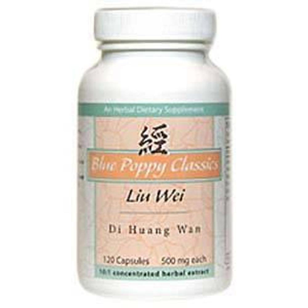 Blue Poppy Liu Wei Di Huang Wan bottle, 120 capsules, for daily wellness support.
