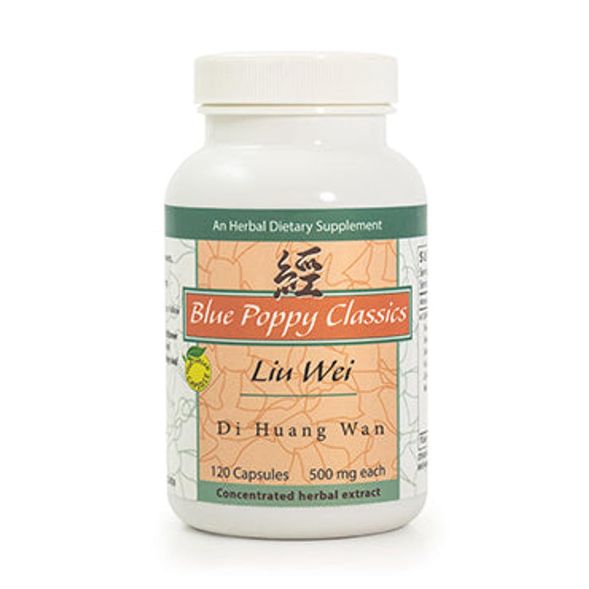 Blue Poppy Zhi Bai Di Huang Wan bottle on a wooden surface for daily balance.