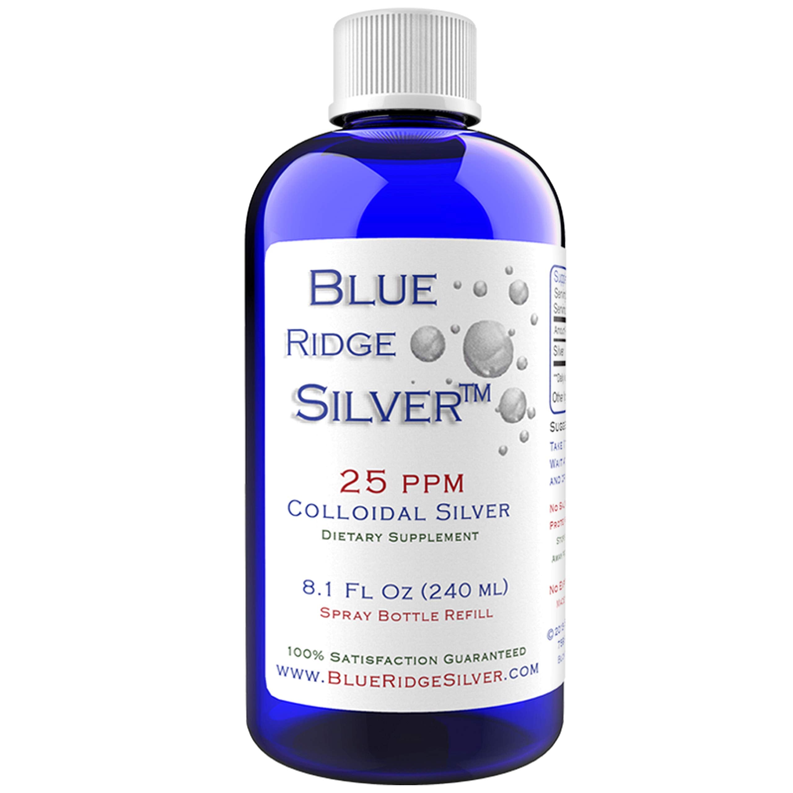 Blue Ridge Silver 25 ppm bottle 8 oz close-up, supports immune function with a salt-free formula.