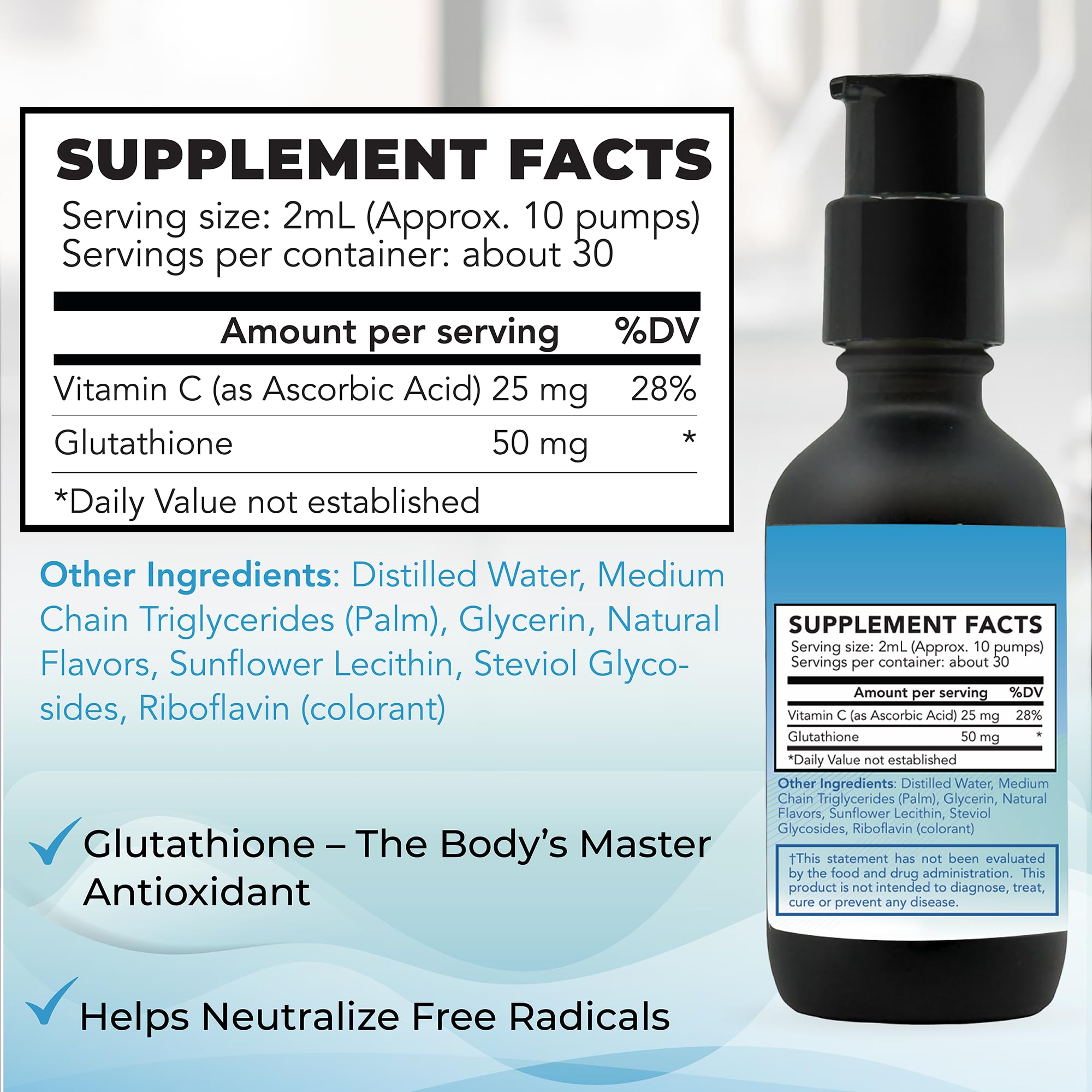 Blue Sky Bioscience Nano Glutathione dropper releasing liquid for fast oral absorption.
