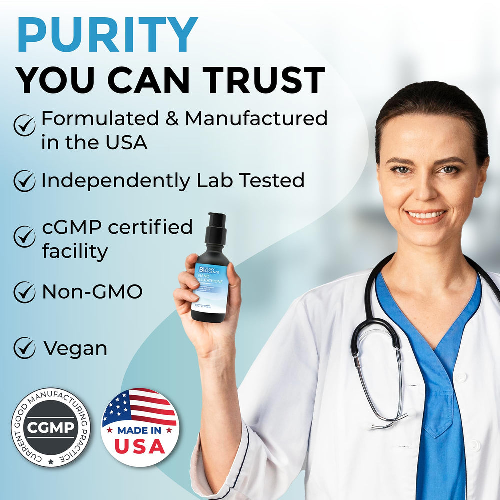 Blue Sky Bioscience Nano Glutathione packaging on display for convenient wellness.