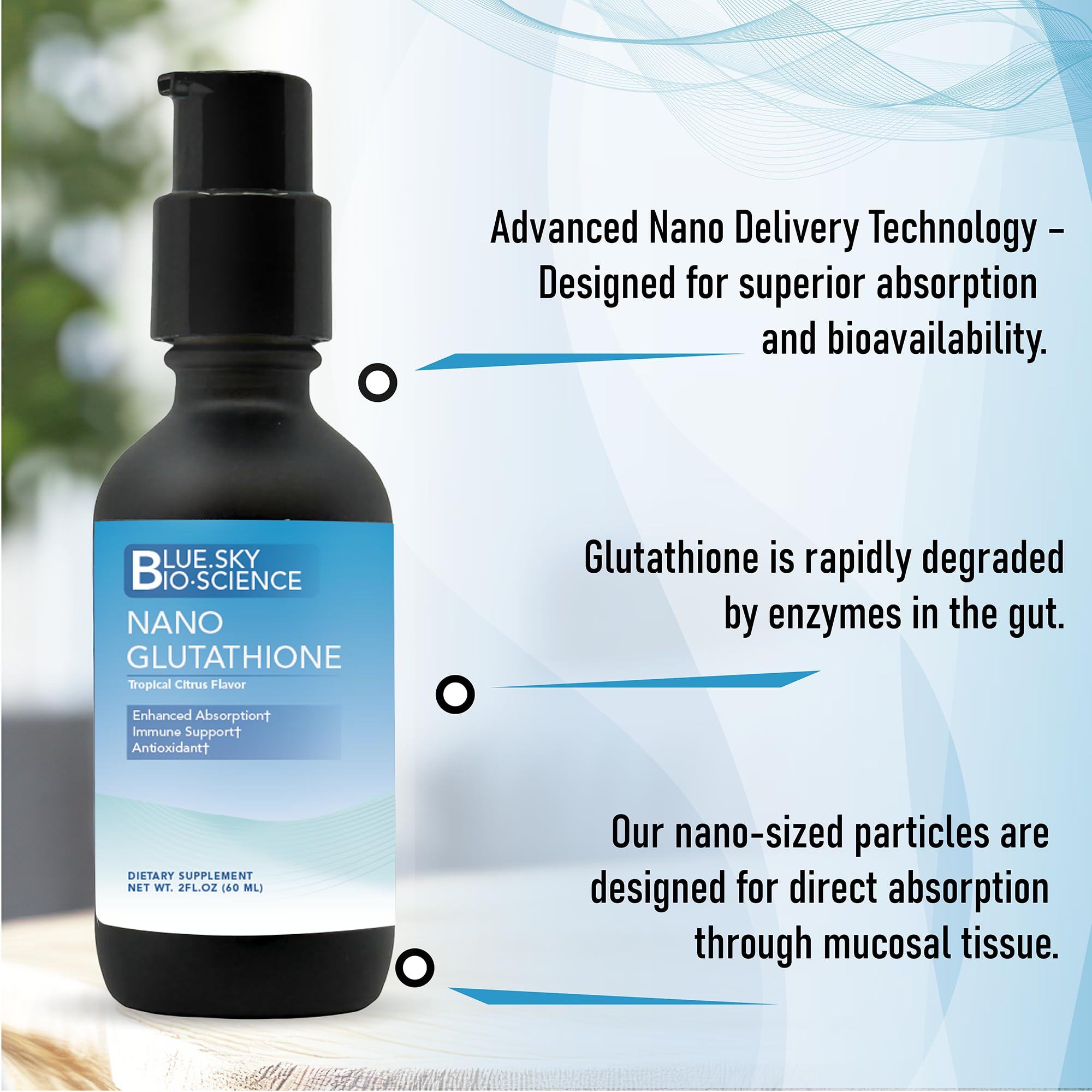 Blue Sky Bioscience Nano Glutathione tropical citrus flavor label for refreshing taste.
