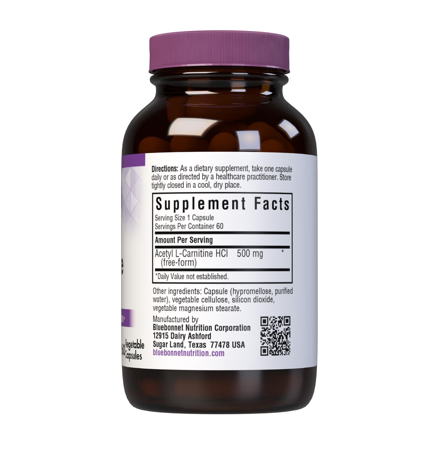 BlueBonnet Acetyl L-Carnitine 60 servings label highlights vegan and kosher options.